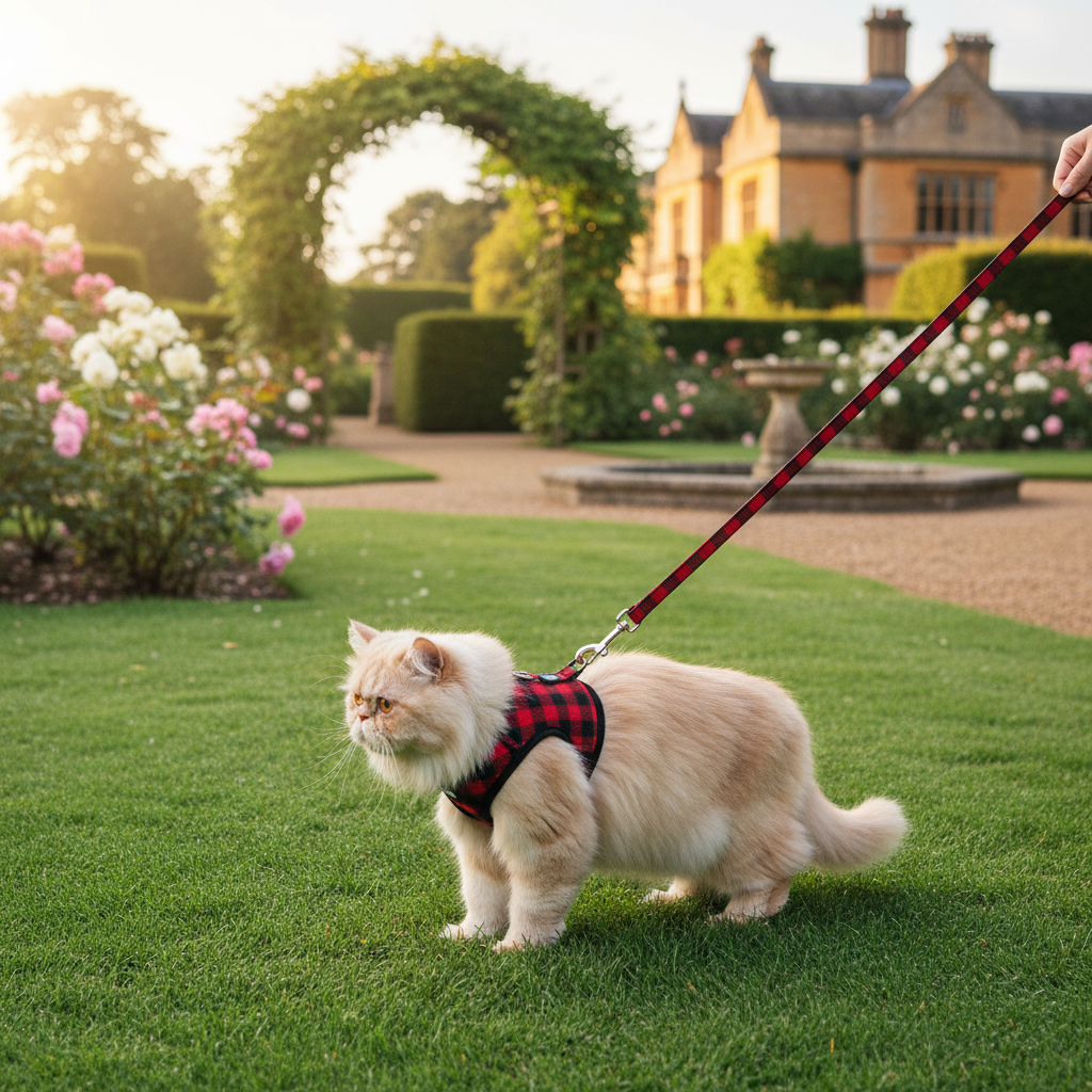 Checkered pet harness on cat in British garden