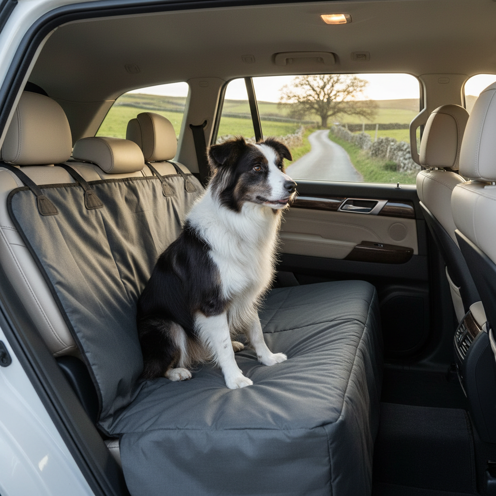 Waterproof car dog seat cover with border collie in British countryside