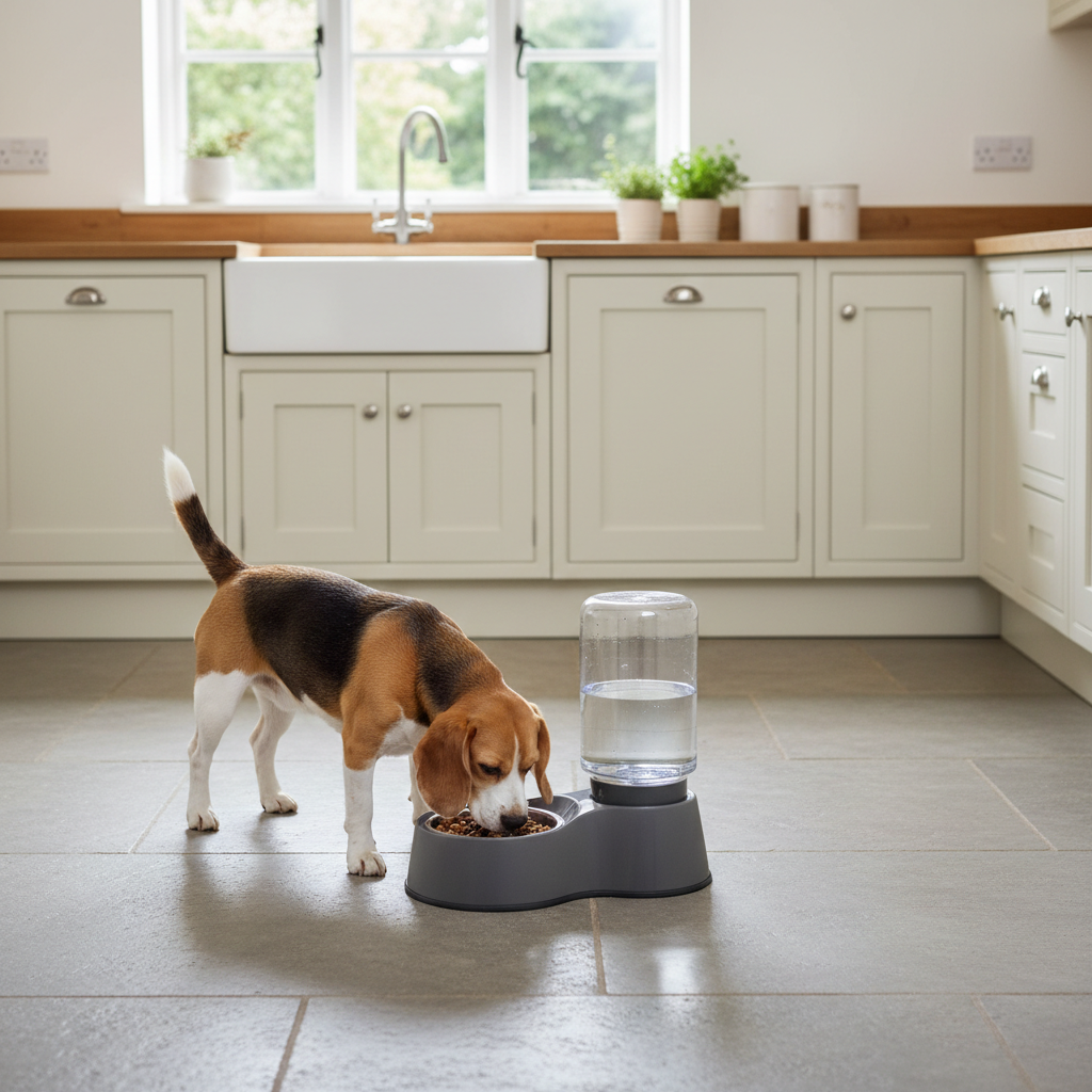 Gravity dog food and water dispenser with beagle in British kitchen