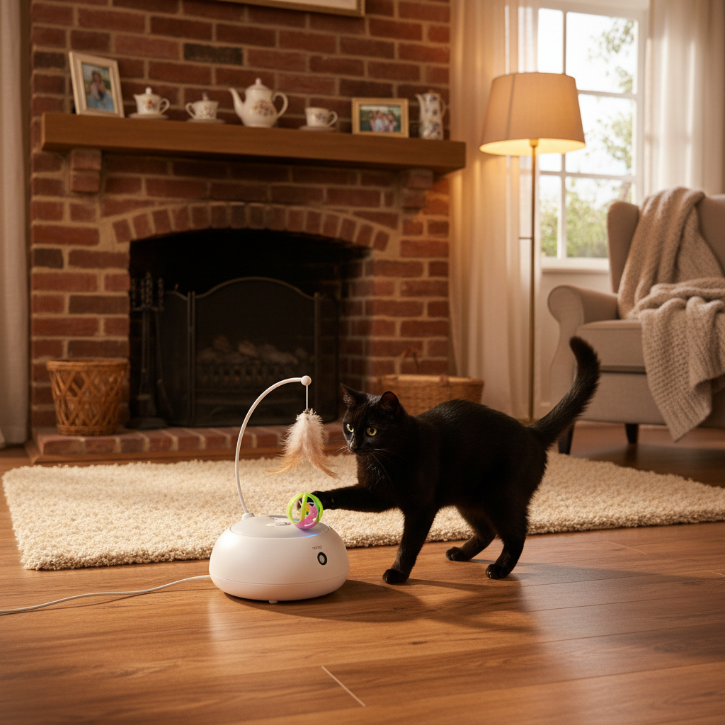 ROJECO smart interactive cat toy with black cat in cosy British home