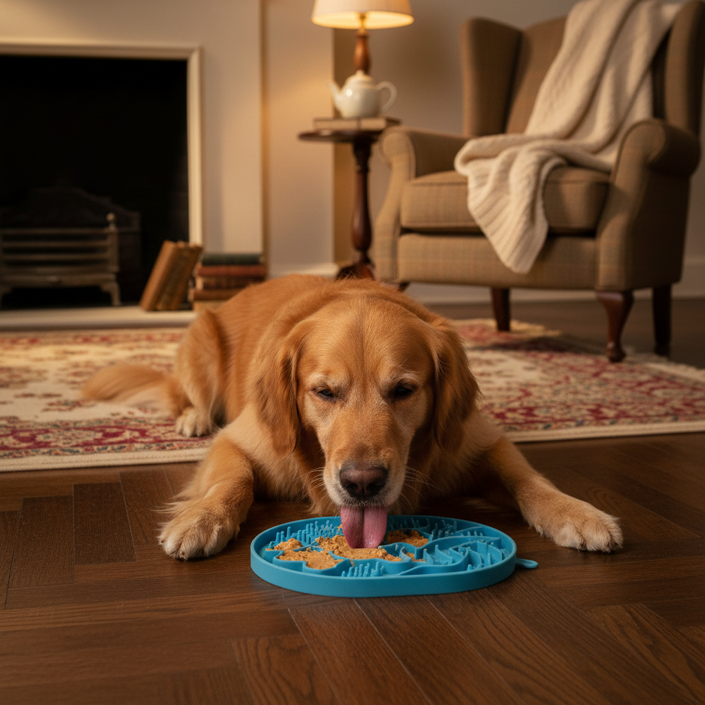 Dog slow feeder lick bowl with golden retriever in cosy British home