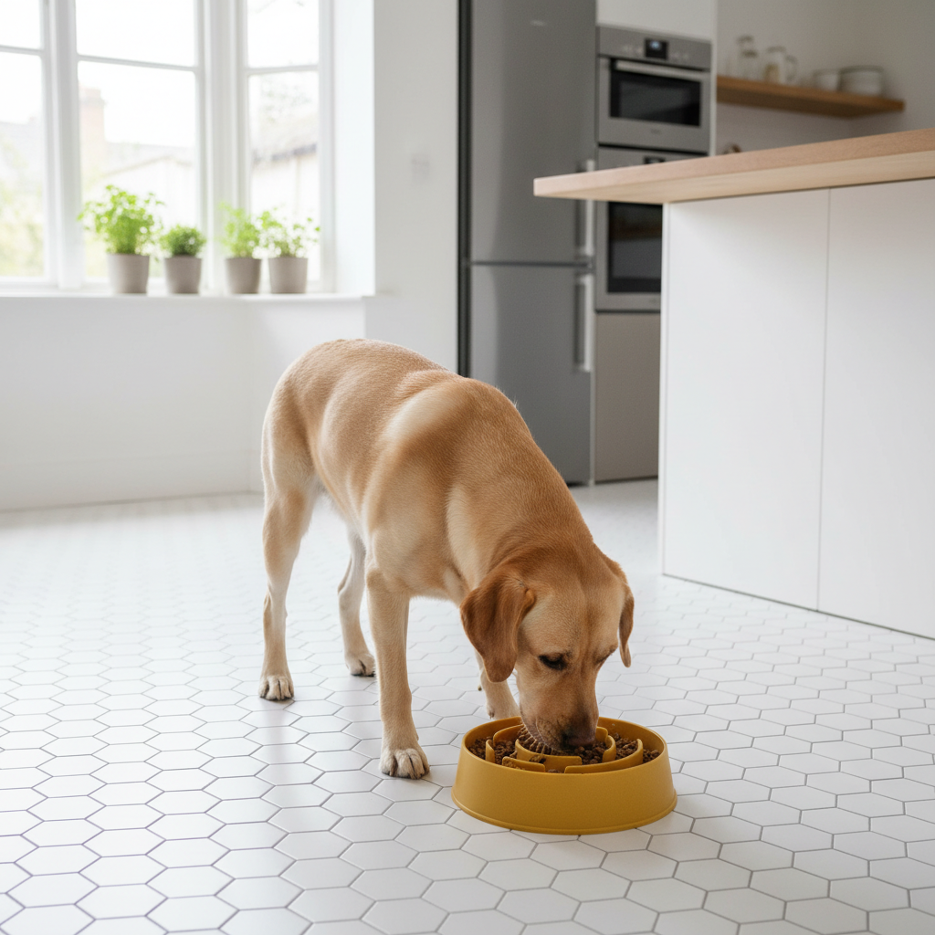 Silicone slow feeder dog bowl with labrador in British kitchen