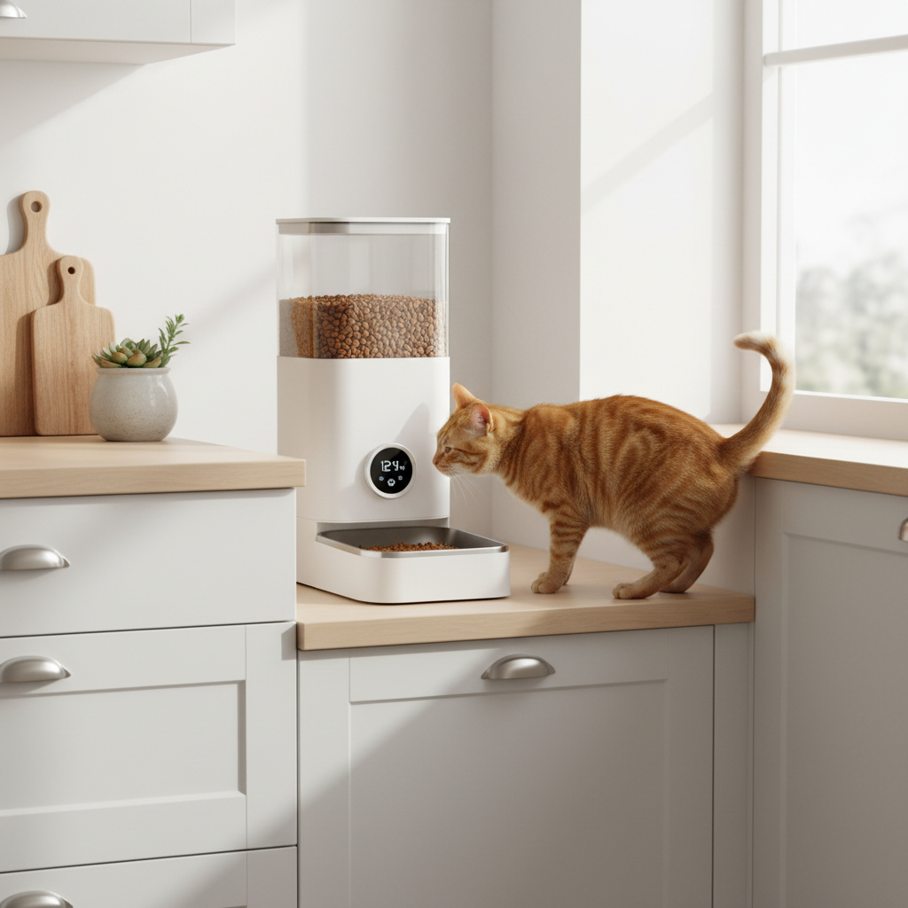 Automatic pet feeder with curious cat in bright British kitchen