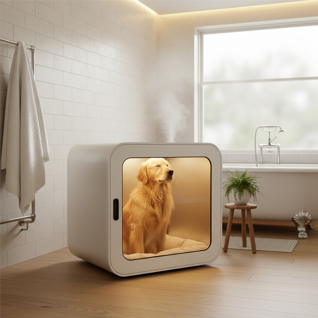 Pet drying bag with golden retriever after bath in British bathroom