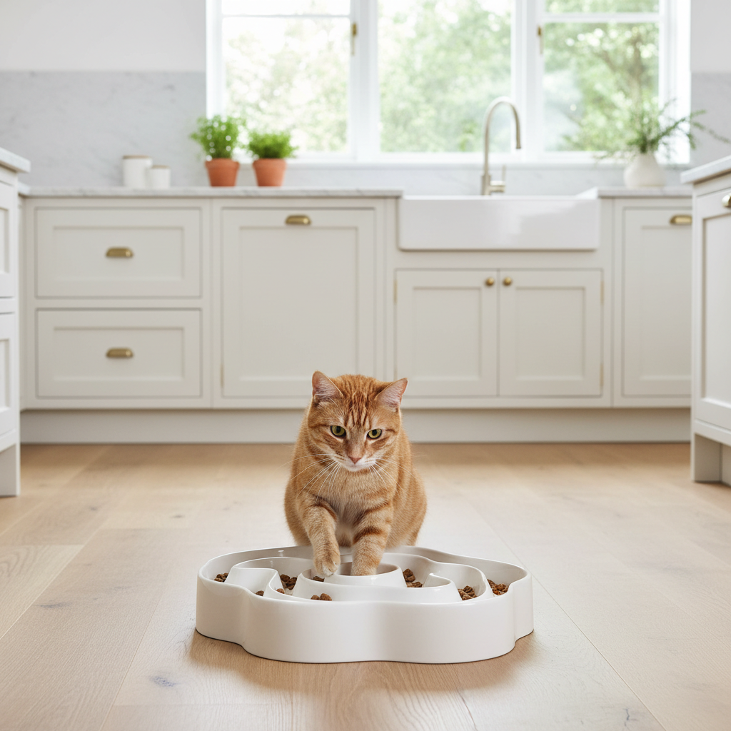Interactive cat slow feeder puzzle maze with tabby cat in British kitchen