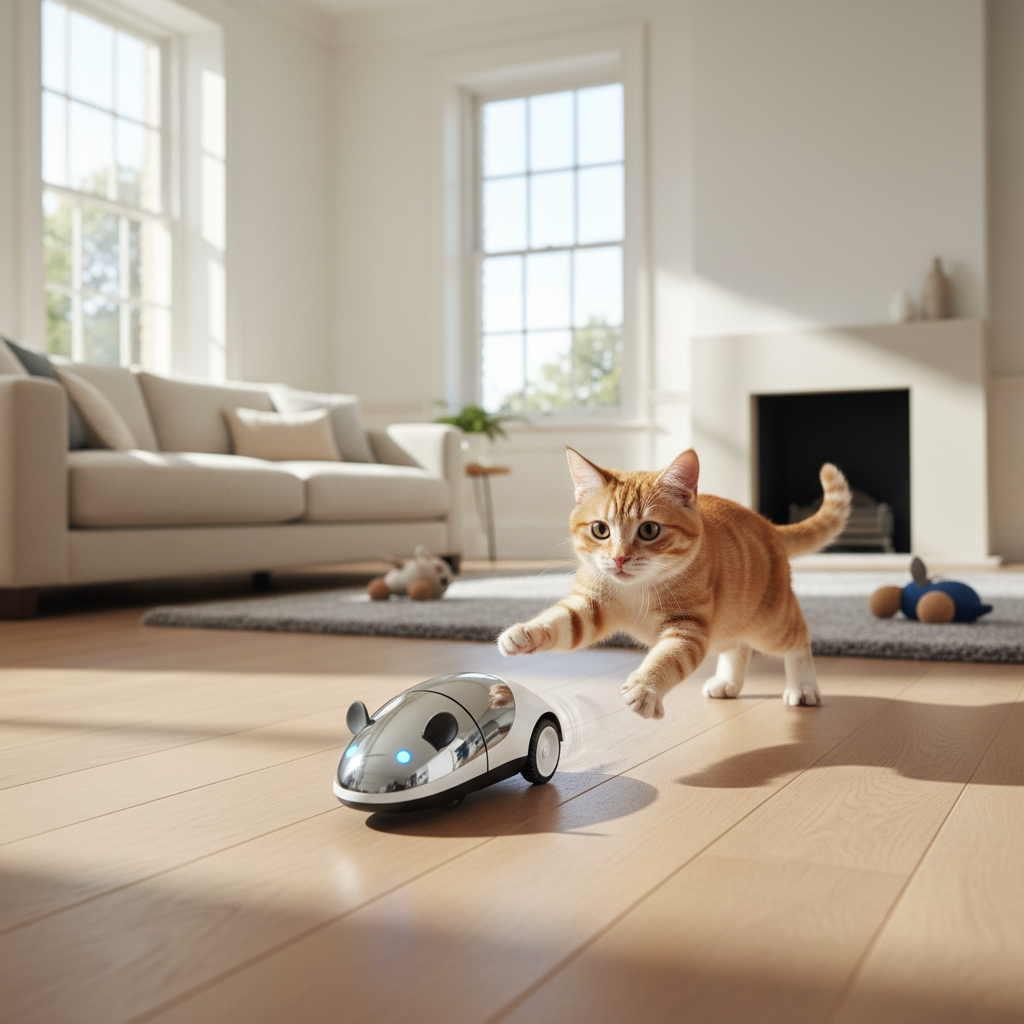Robot mouse cat toy with tabby cat in modern British home