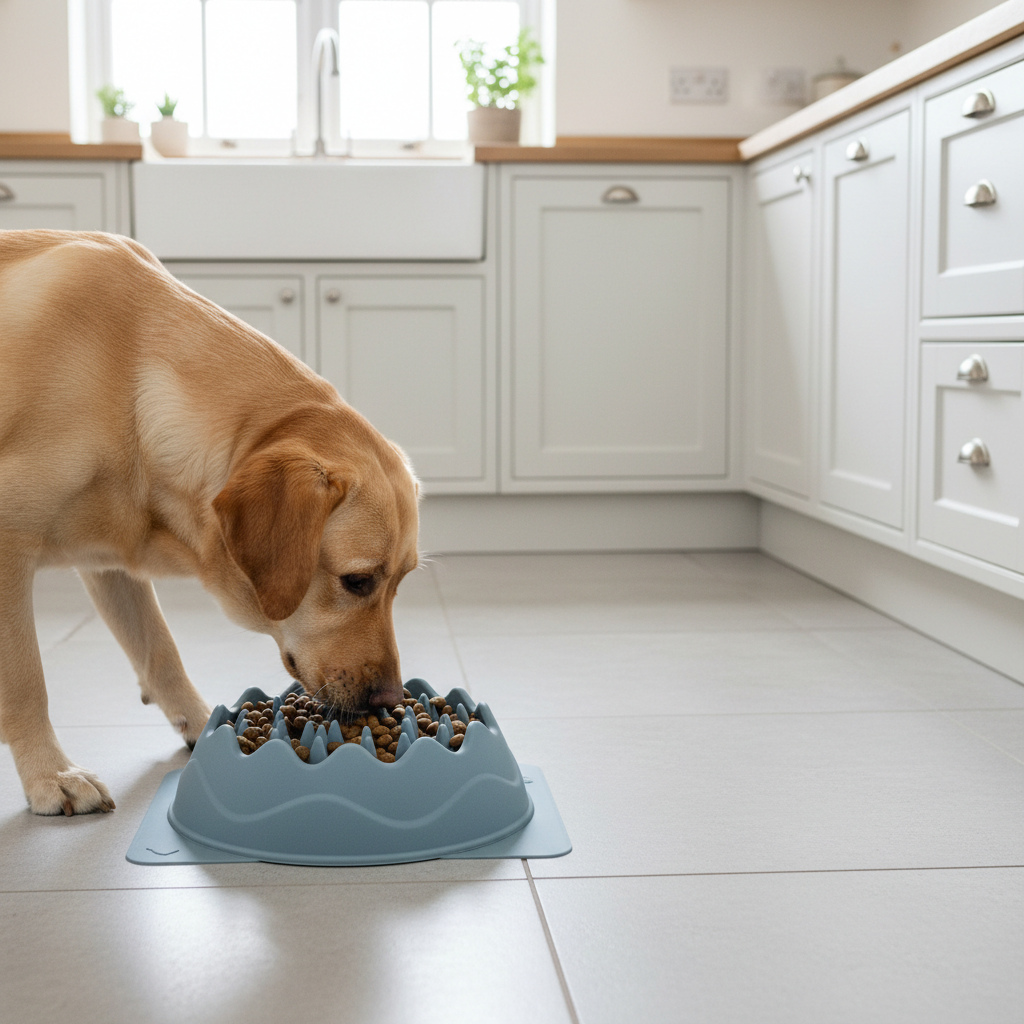 Silicone anti-choking slow feeder bowl with labrador in British kitchen
