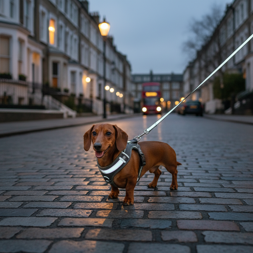 Reflective dog harness leash set on dachshund on British street at dusk