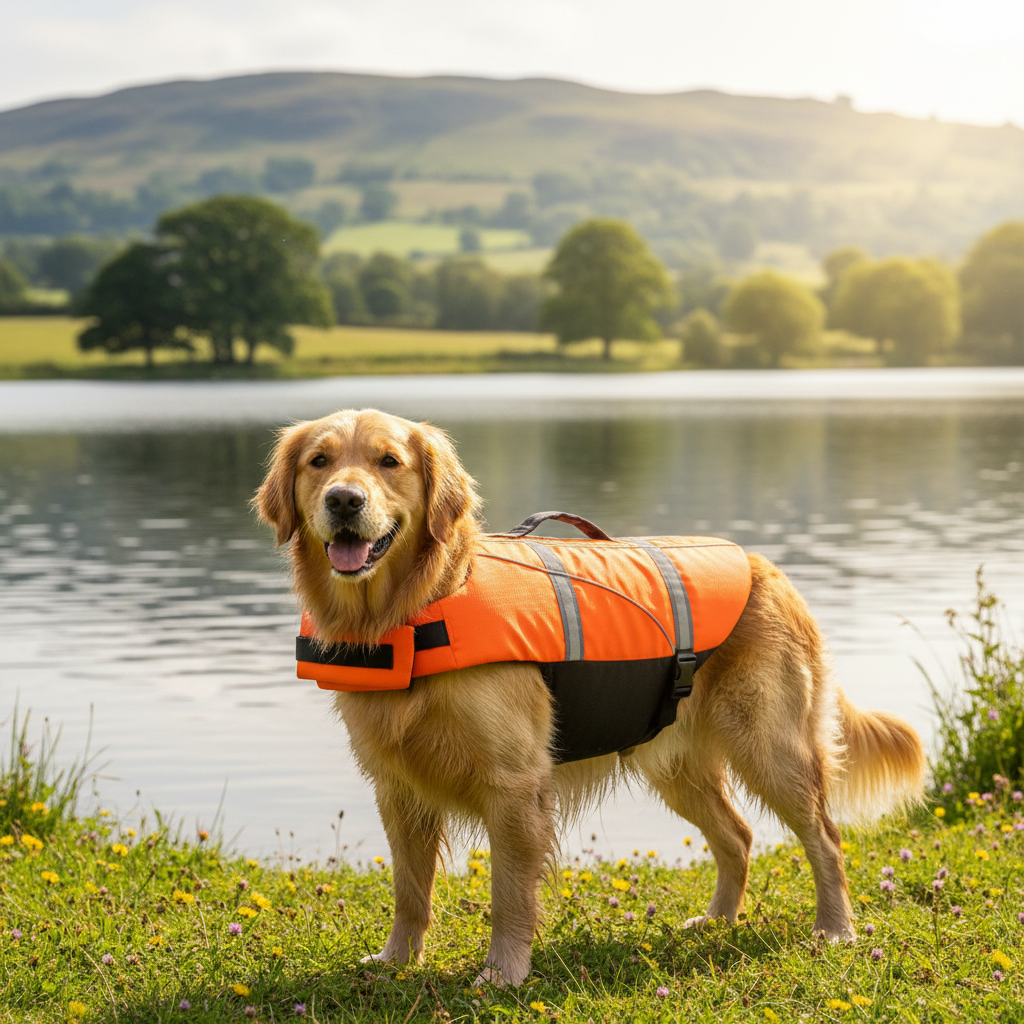 Dog life jacket on golden retriever near British lake