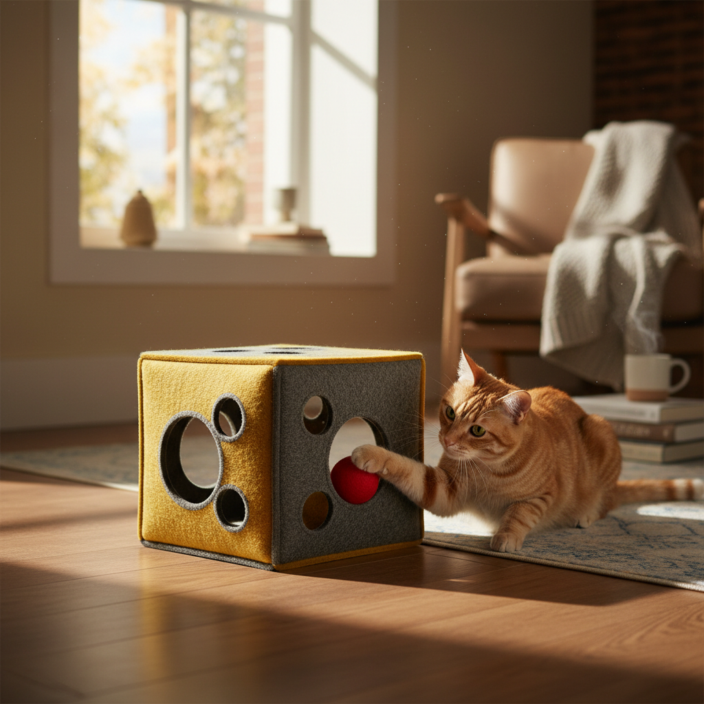 Cat puzzle felt box toy with ginger cat in British home