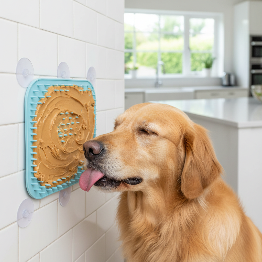 Silicone lick mat with golden retriever in modern British kitchen