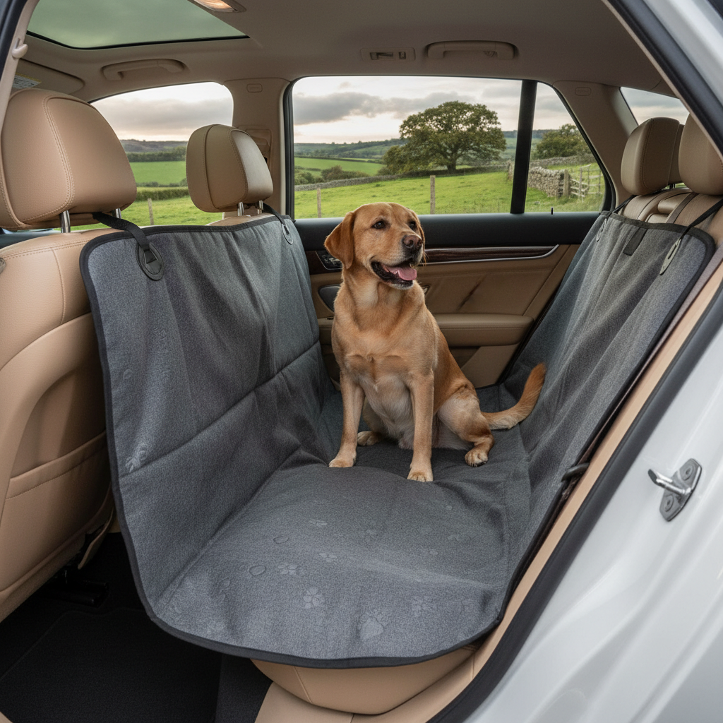 Car seat cover hammock upgrade with labrador in British countryside