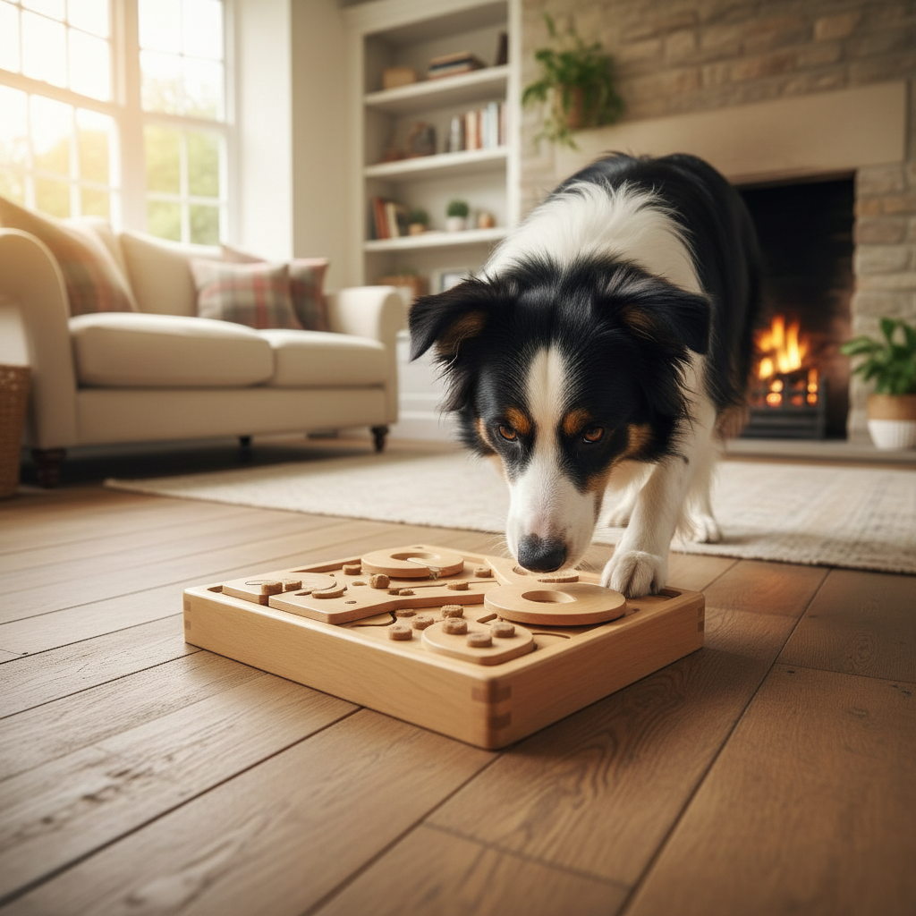 Dog puzzle toy with border collie in cosy British living room