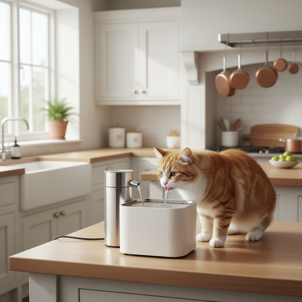 Cat water fountain with tabby cat in bright British kitchen