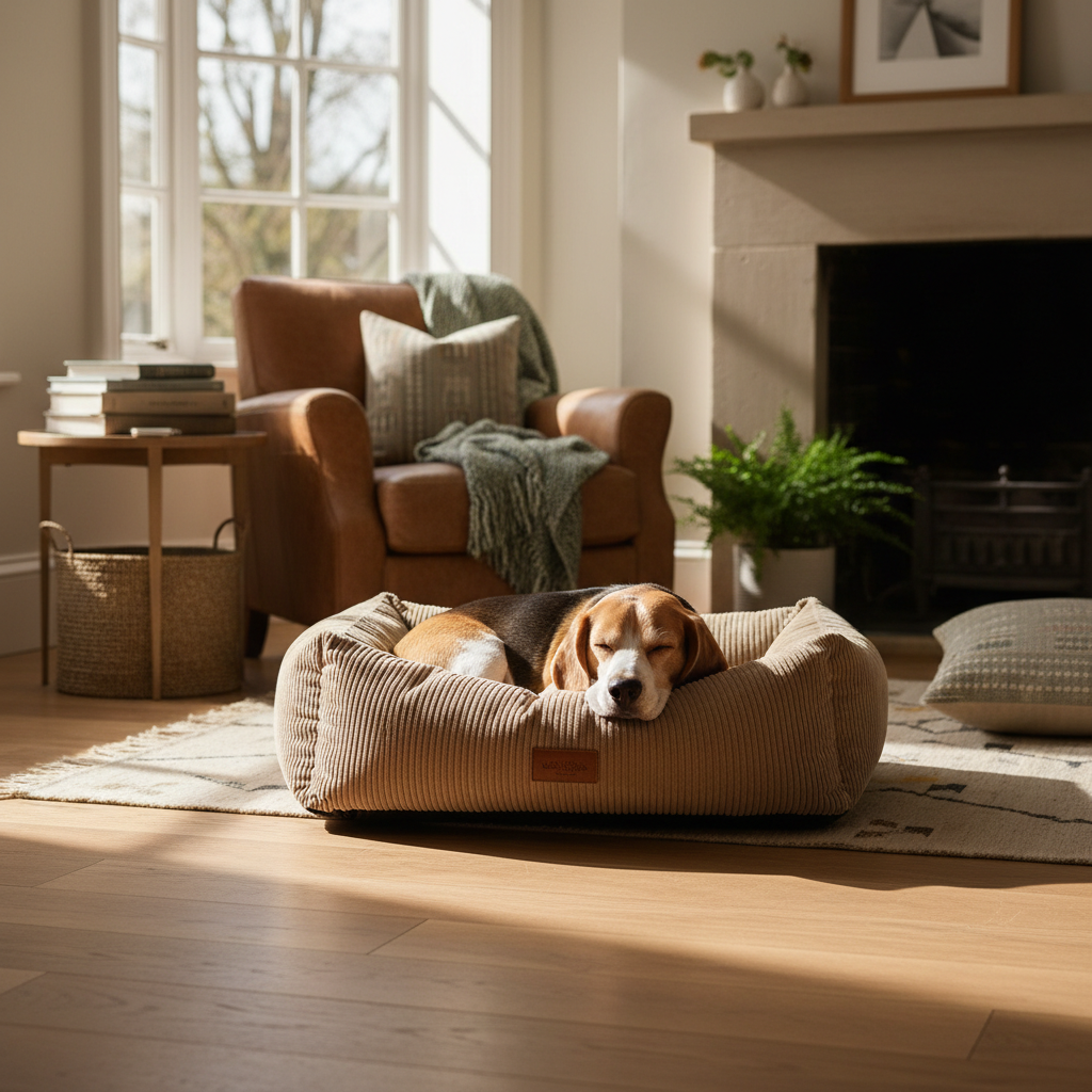 Soft corduroy dog bed with beagle in cosy British home