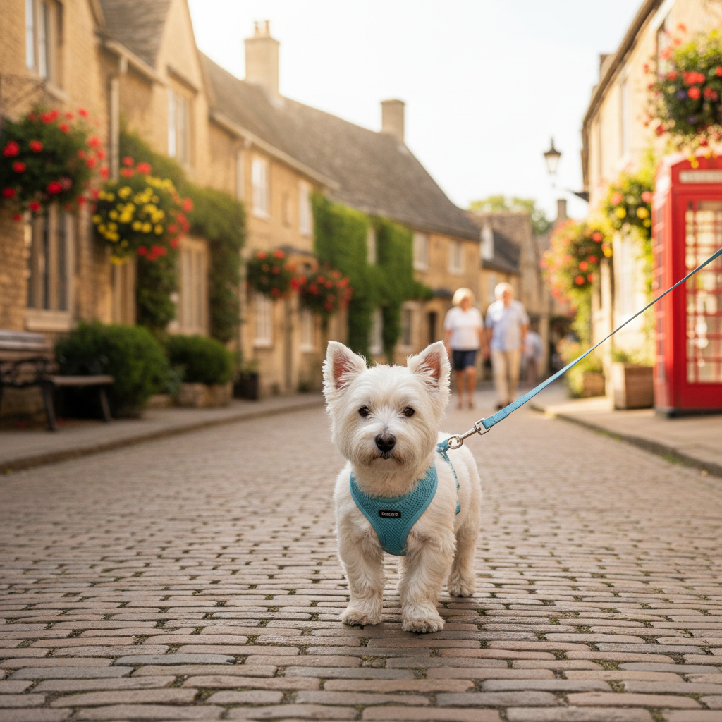 Summer mesh breathable dog harness on small dog on sunny British street
