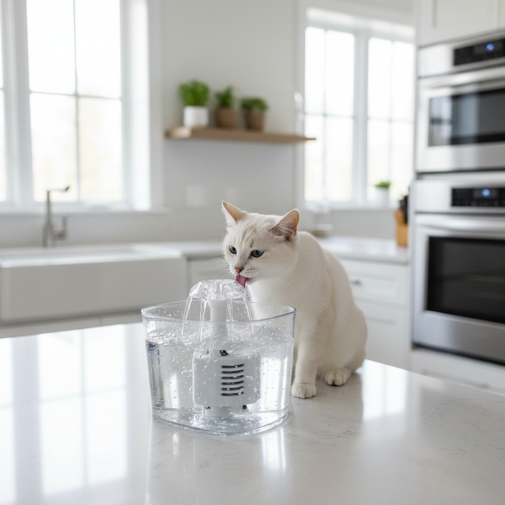 Clear pet water fountain with white cat in modern British kitchen
