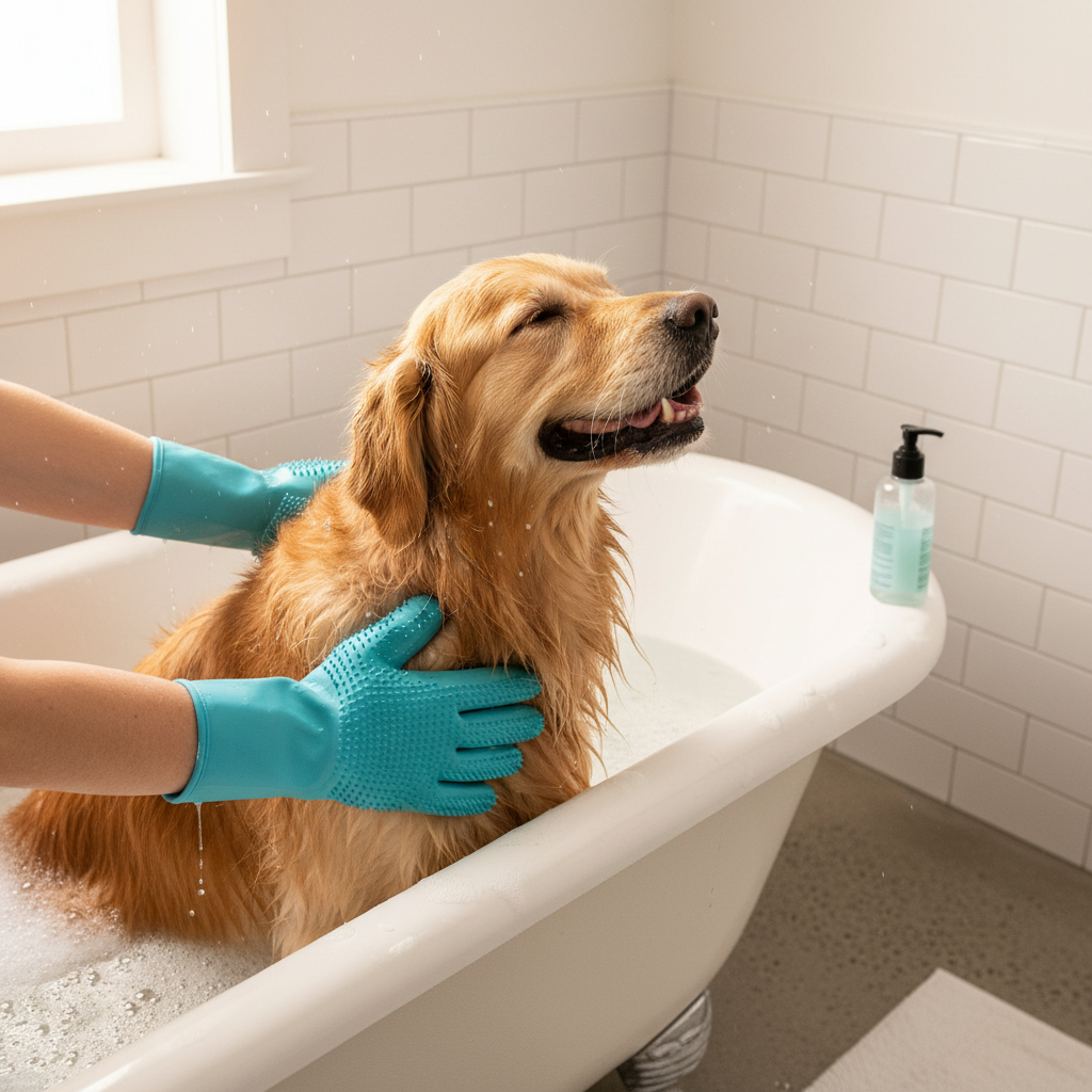 Silicone grooming gloves on golden retriever in British bathroom