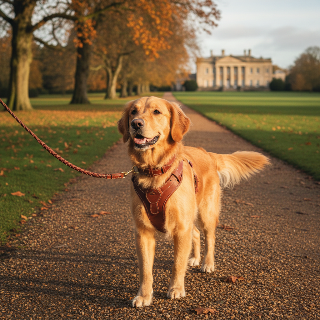 Leather-style dog harness and leash set on golden retriever in British park