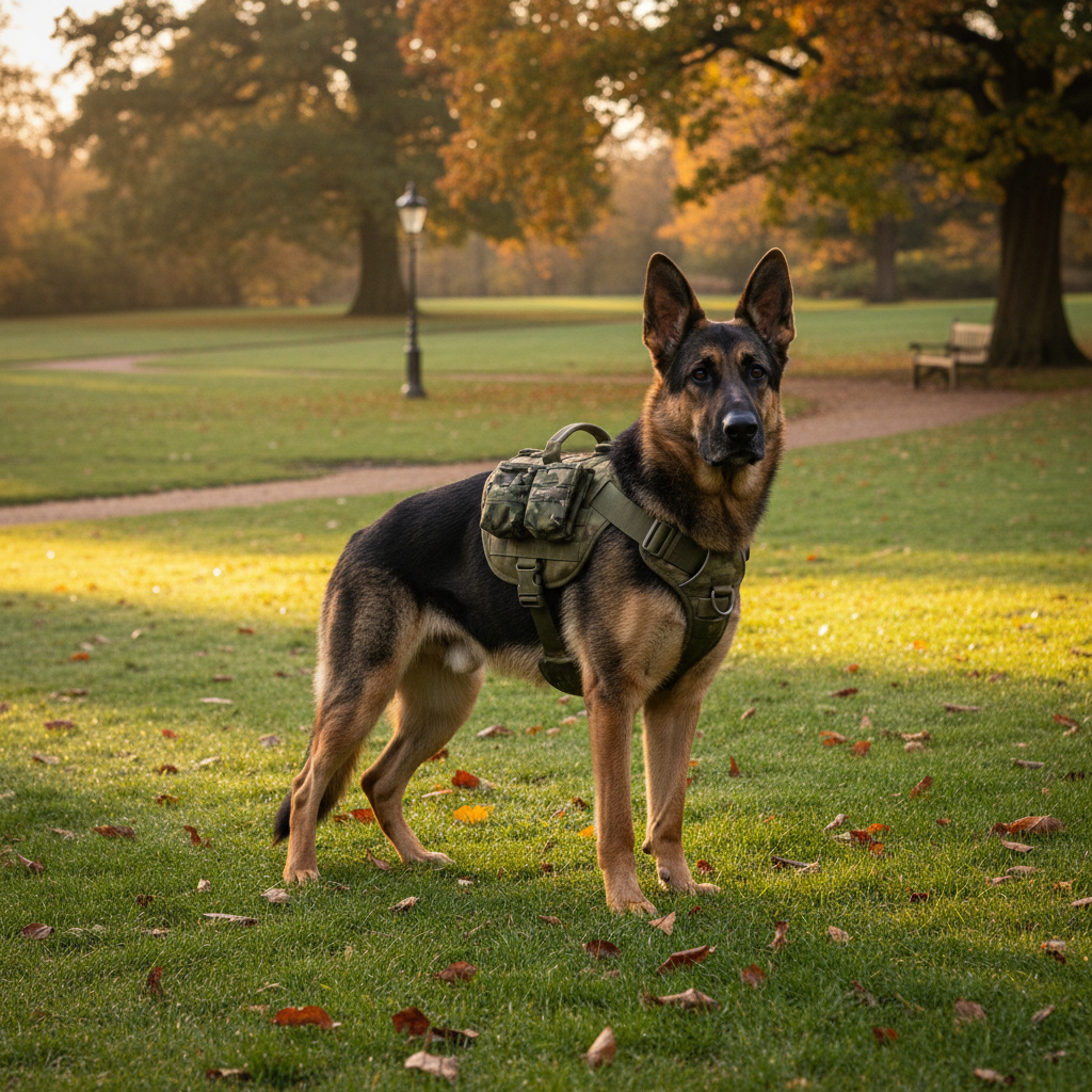 Military tactical dog harness on German Shepherd in British park autumn light