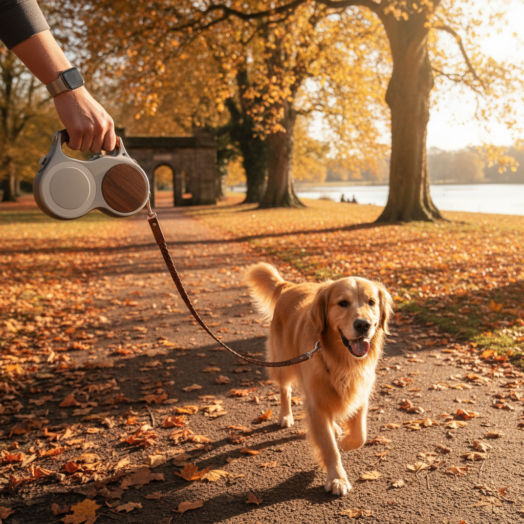 Retractable dog leash with golden retriever in British park autumn light