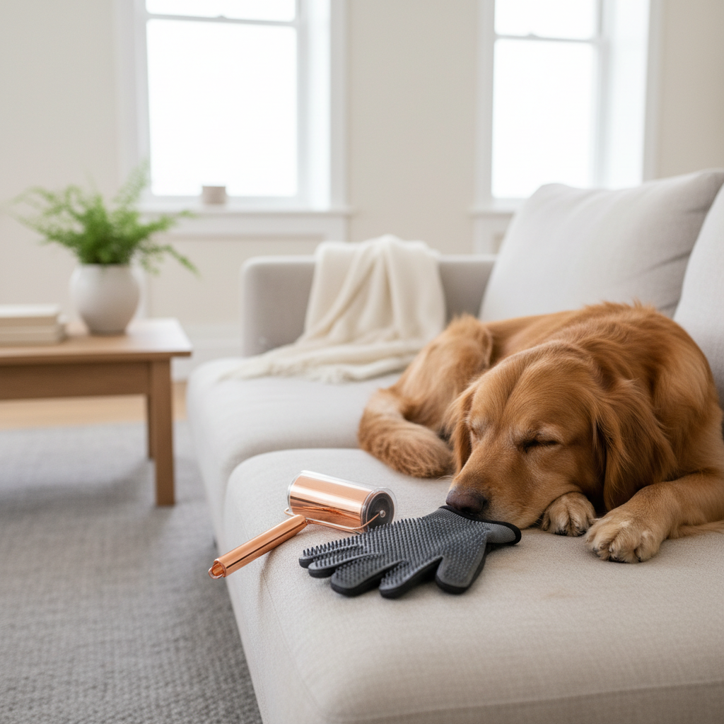 Pet hair removal kit with golden retriever on sofa in British living room