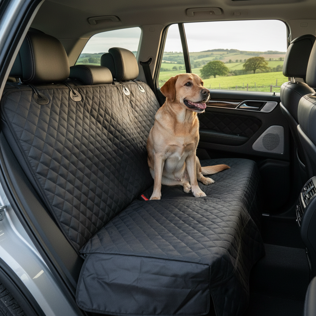 Waterproof dog car seat cover with labrador in SUV British countryside