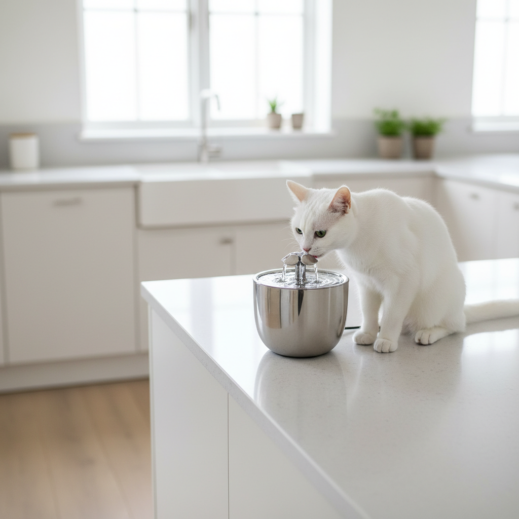 Stainless steel cat water fountain with white cat in British kitchen
