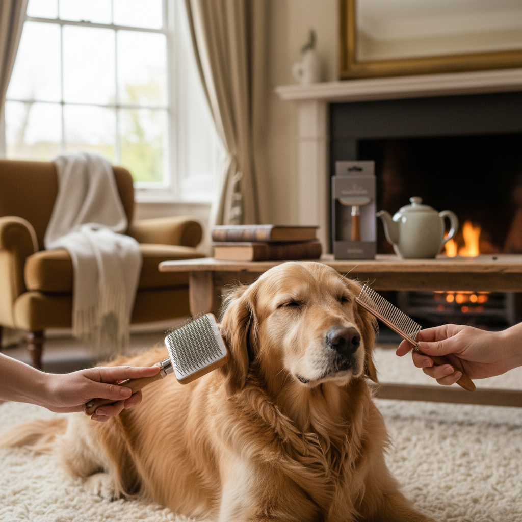 Self-cleaning pet brush being used on golden retriever in cosy British home