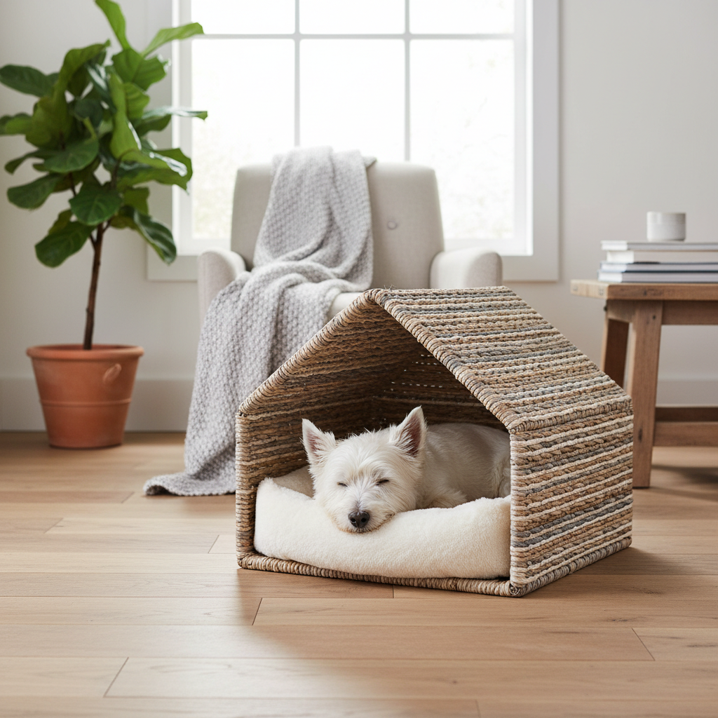 Dog house style bed with small white dog in warm British home