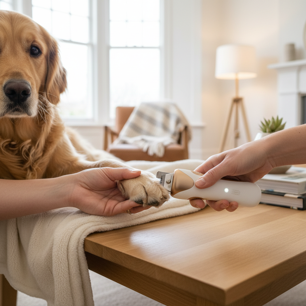 LED pet nail clippers being used on golden retriever in British home