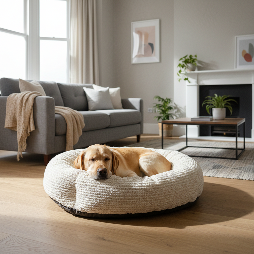 Warm anti-slip dog sofa bed with labrador in British living room