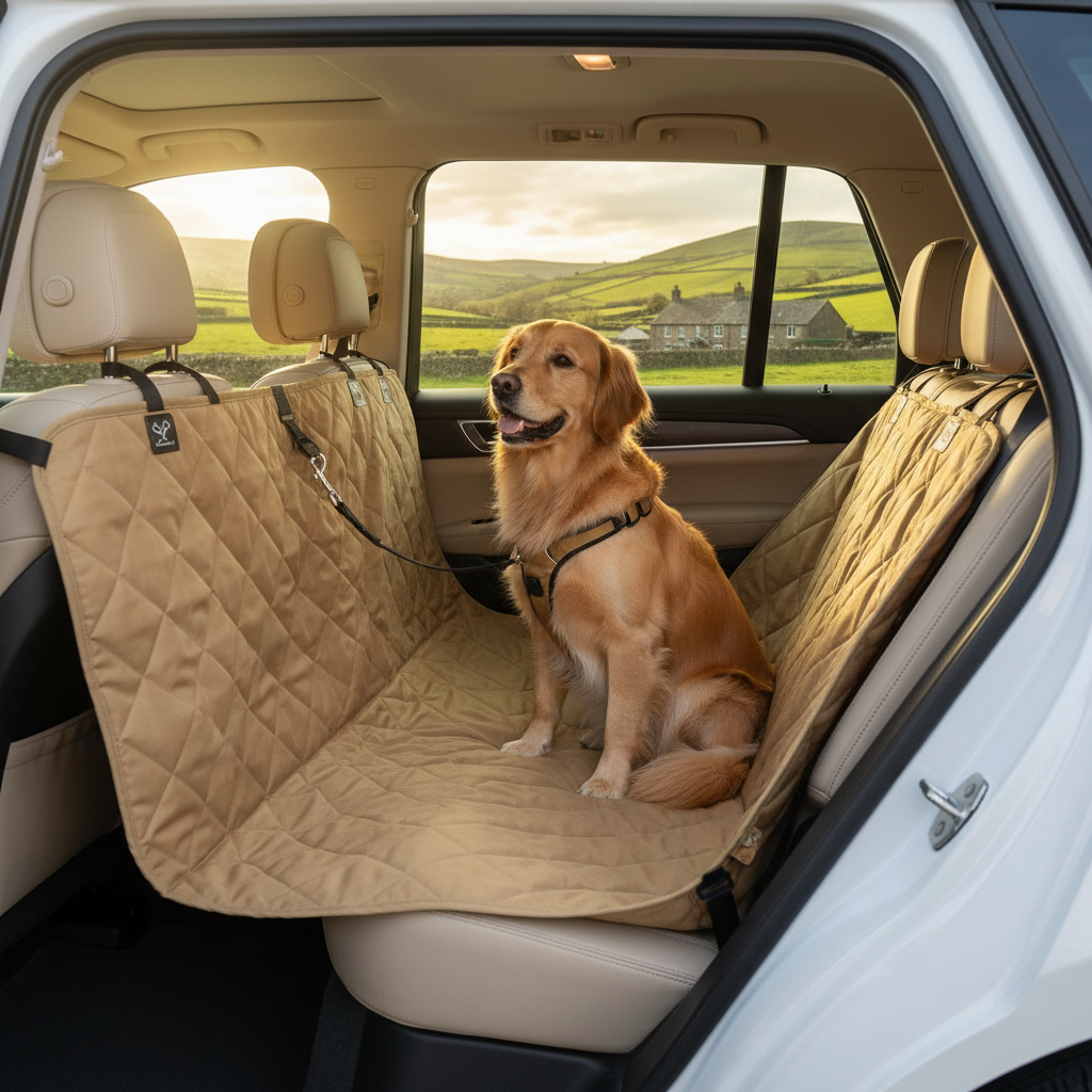 Foldable dog car seat hammock with golden retriever in British countryside